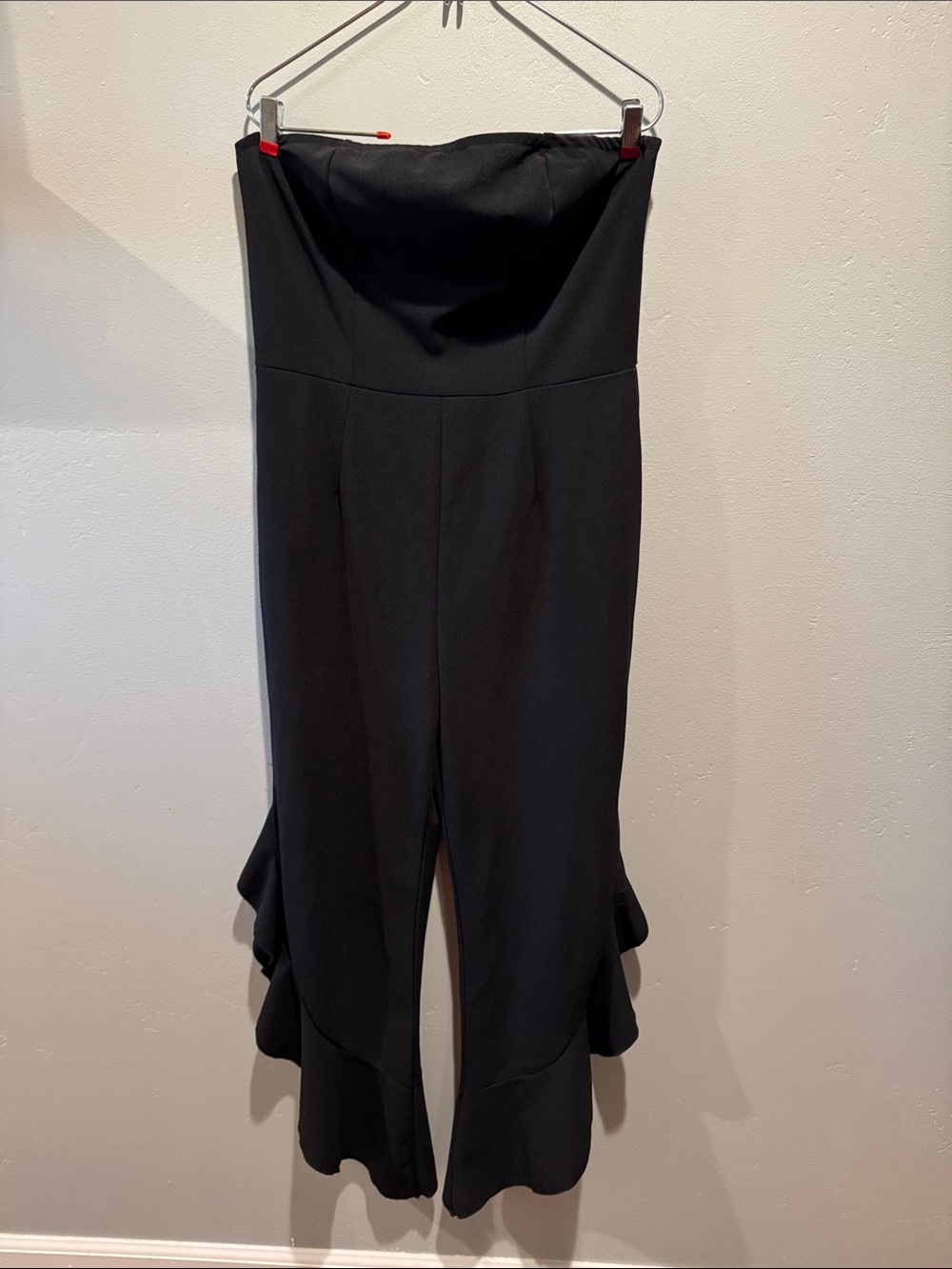Strapless Black Ruffle Leg Wide-Leg Jumpsuit